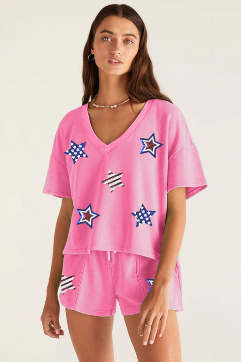 Stars And Stripes Sparkle Sequin Flag Patch V Neck Tee And Shorts Set